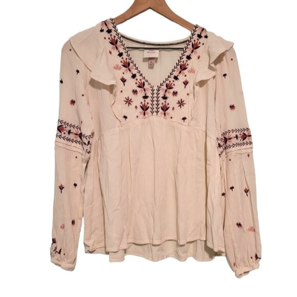 Knox Rose Cream Embroidered Ruffle Boho Blouse Size Medium - Picture 1 of 5
